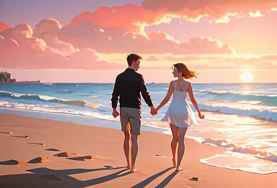 Young couple happily holding hands, walking on a sandy beach, enjoying a beautiful sunset together..