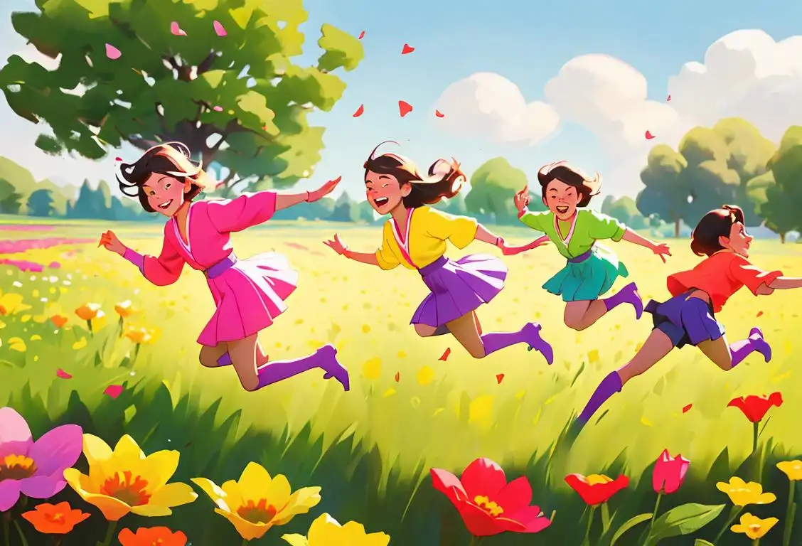A group of young people in colorful outfits, happily skipping through a field of flowers, with a vibrant and joyful atmosphere..