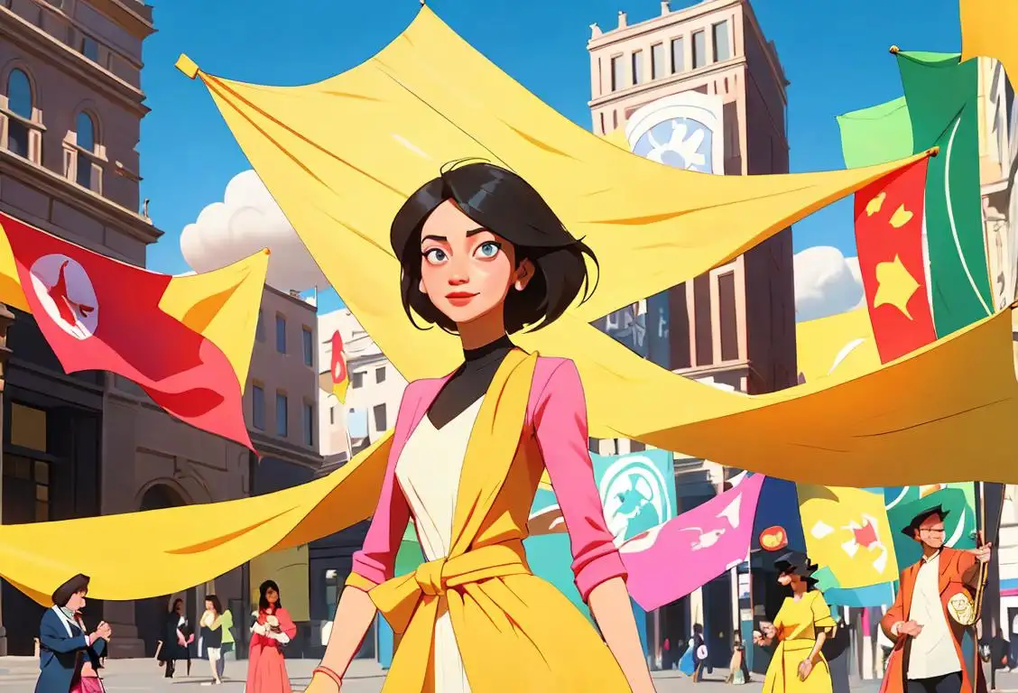Brightly colored coverage banners waving in the wind during a sunny day, stylishly dressed people in modern fashion, bustling city scene in the background..