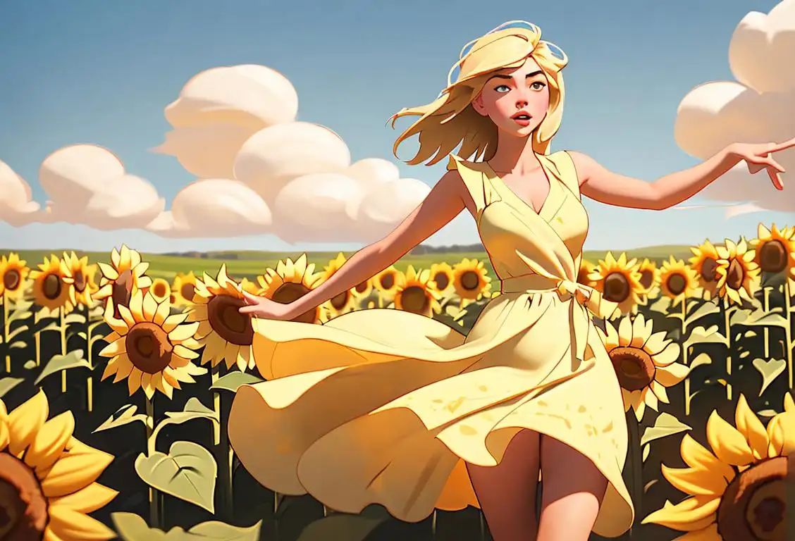 Young woman with flowing blonde hair, wearing a summer dress, frolicking in a field of sunflowers, embracing the spirit of National Kate Upton Day..