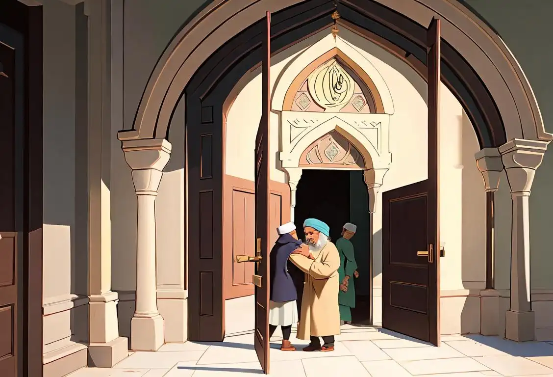 An open mosque door with people of various cultures and ages, wearing diverse clothing, embracing unity and cultural exchange..