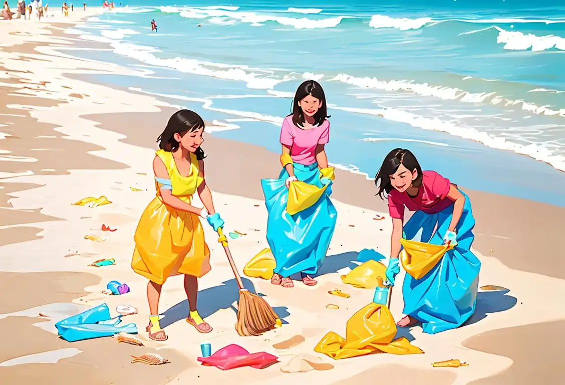 A group of people in colorful beach attire, holding garbage bags and happily cleaning up trash on a sunny beach..