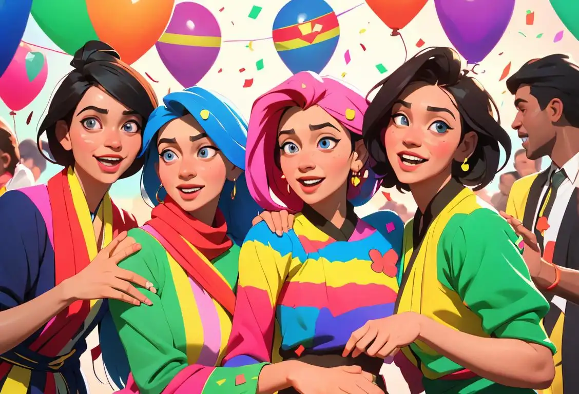 A joyful group of people celebrating National gv Day, dressed in vibrant and diverse clothing styles, surrounded by colorful decorations and confetti..