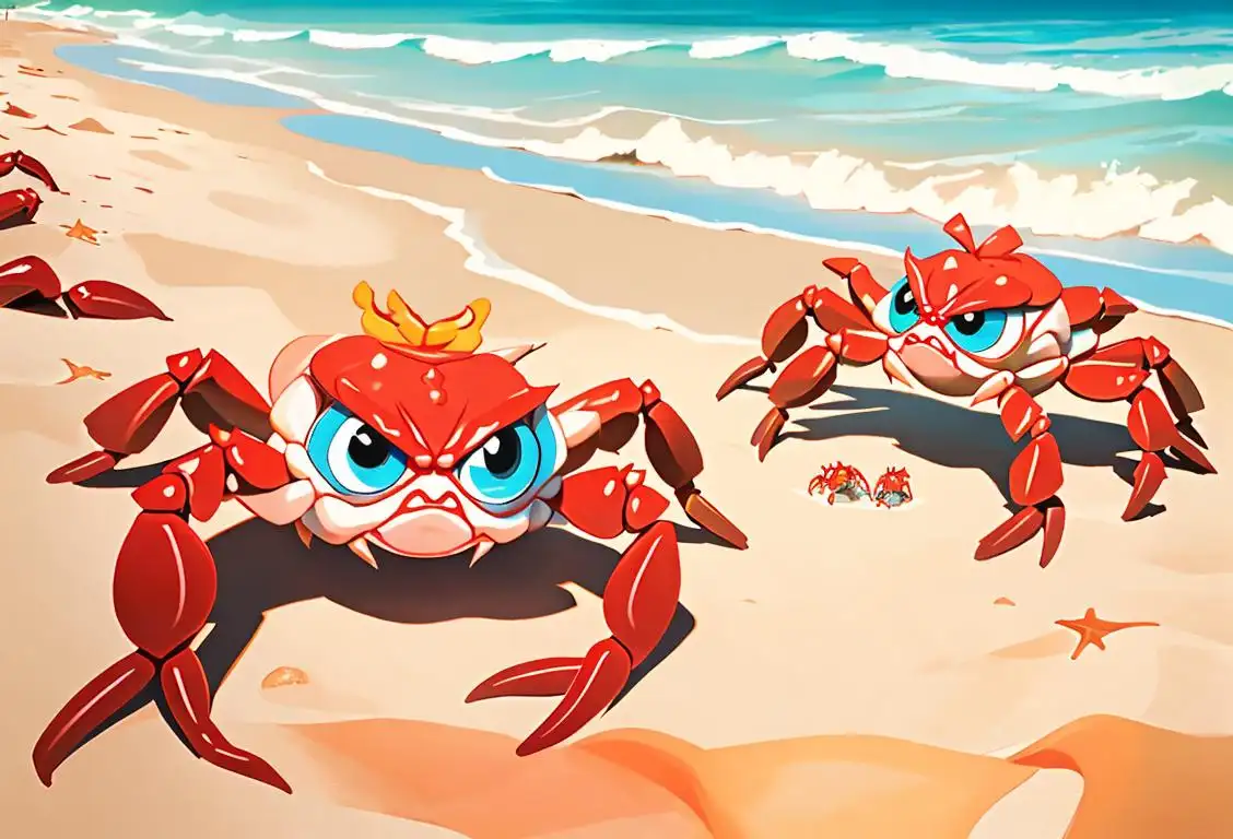 Adorable crabs racing on a sandy beach, with colorful flags and cheering spectators in beachwear..