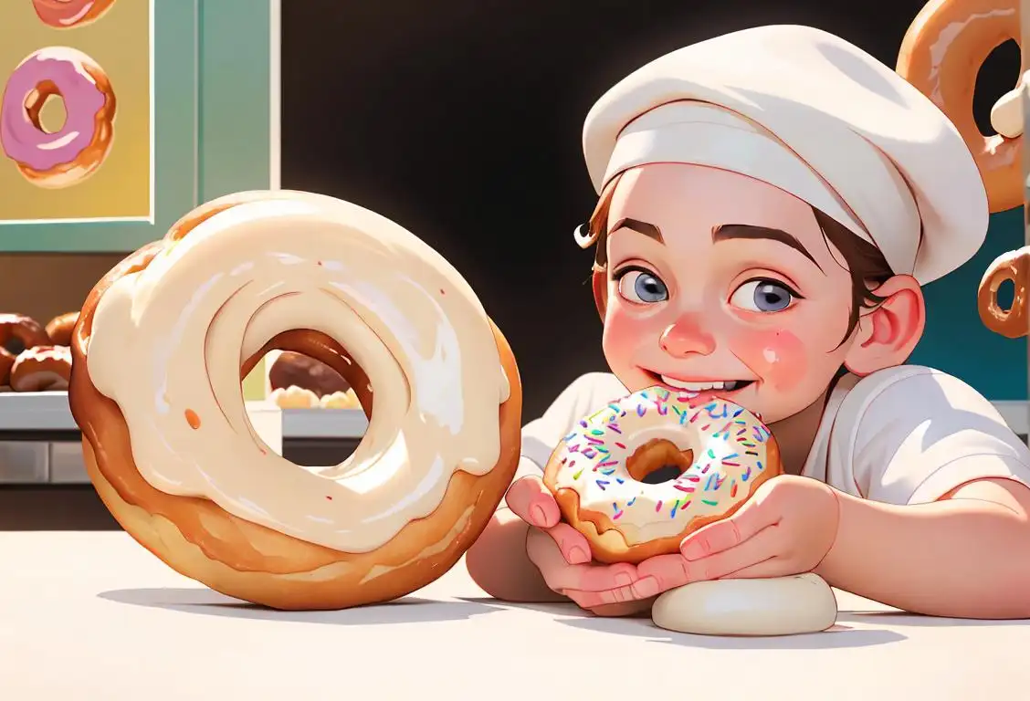 A smiling child wearing a chef hat, holding a cream filled donut, surrounded by a bakery scene with colorful frosting and decorations..