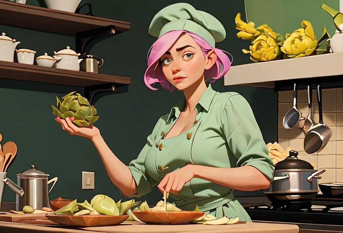 Young woman holding an artichoke heart, wearing a chef's hat, vibrant kitchen scene with pots and pans..