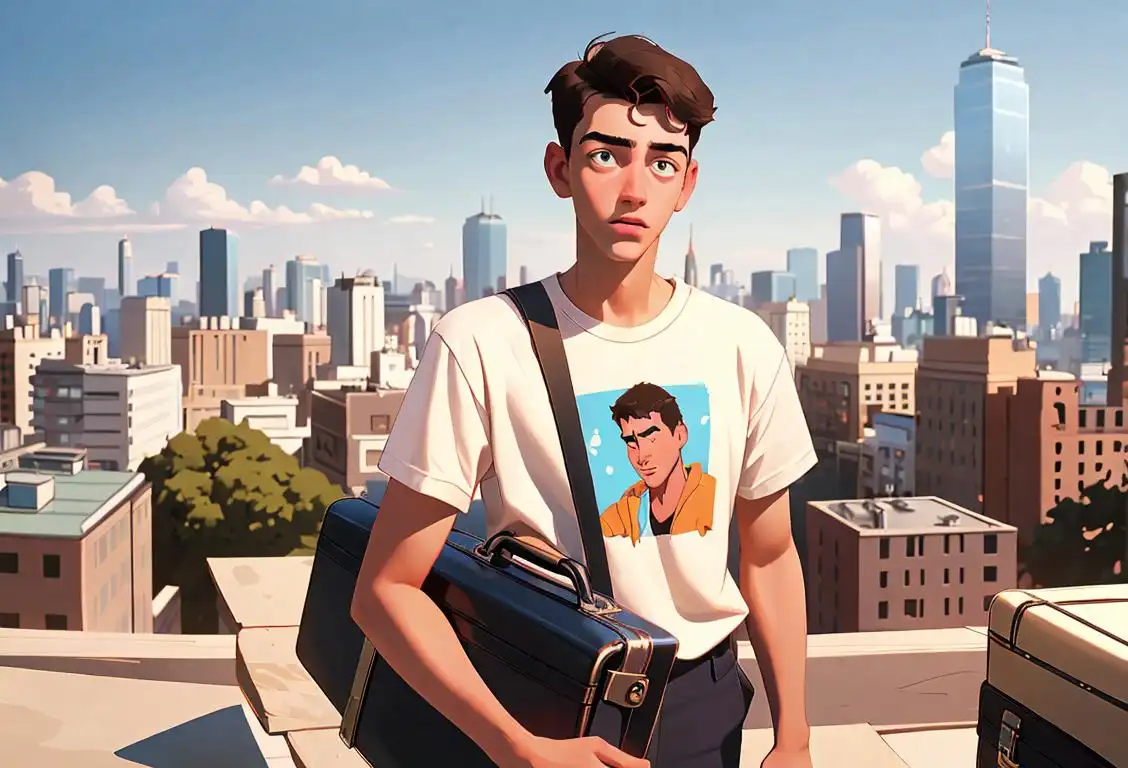 Young man wearing a Labor Day t-shirt, holding a briefcase, amidst a bustling cityscape with workers in the background..