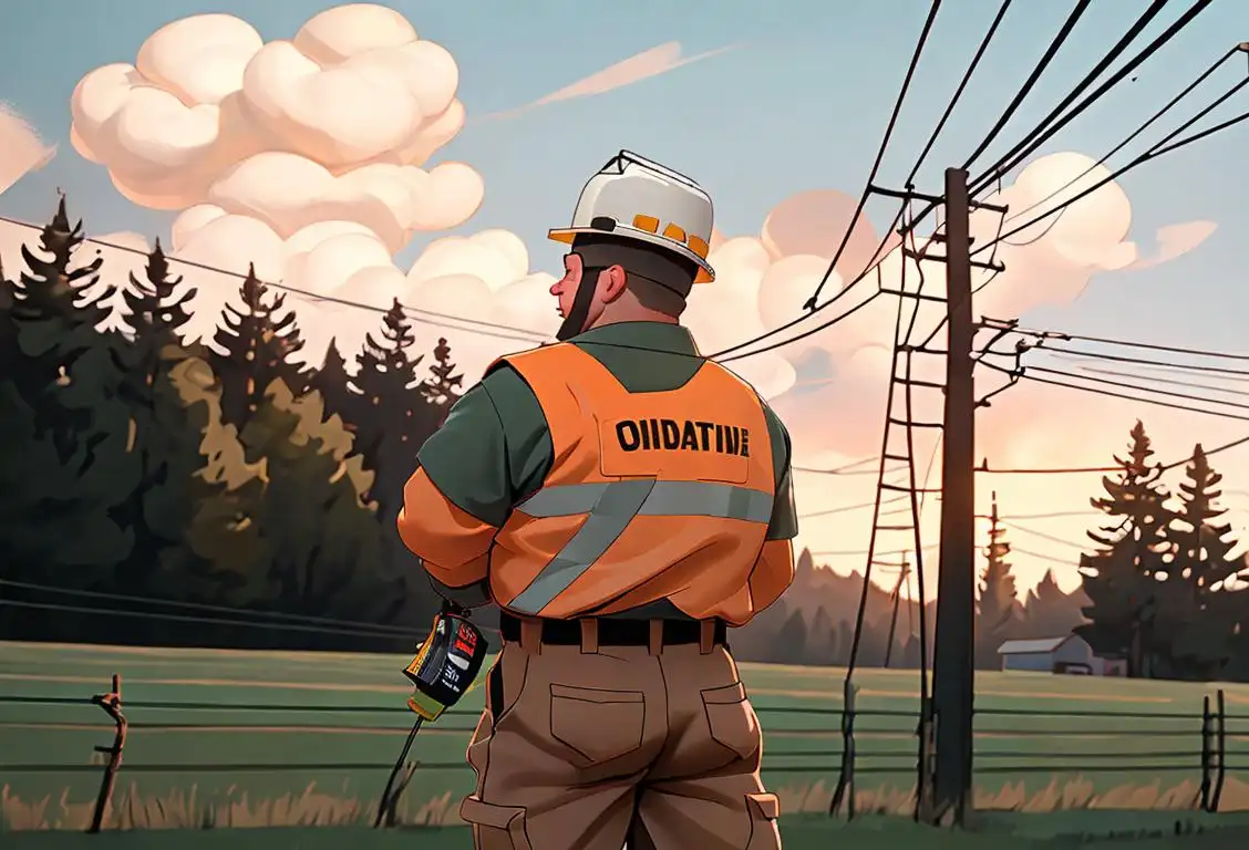 A lineman wearing safety gear, holding electrifying power lines above rural setting, being thanked by a diverse group of happy community members..