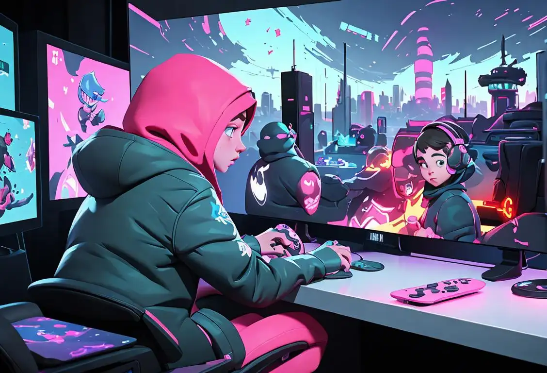 Young person engrossed in gaming, wearing gamer merchandise, surrounded by vibrant futuristic cityscape..