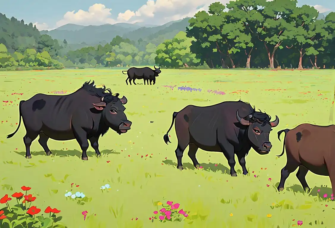 A group of water buffalo grazing in a lush meadow, adorned with floral wreaths and a serene countryside backdrop..
