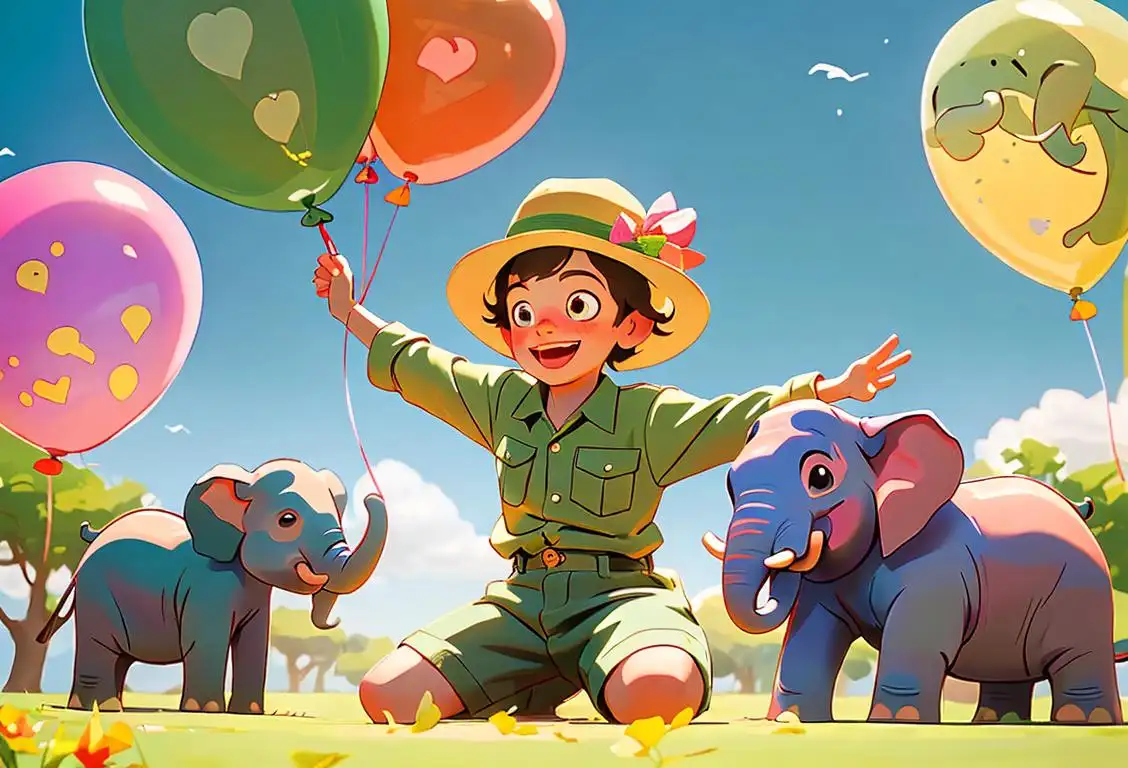 Happy, smiling child with outstretched arms, surrounded by colorful elephant-themed balloons, wearing a safari hat, in a lush green park..