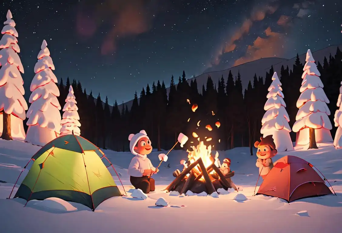 Group of happy people toasting marshmallows over a campfire on a starry night, wearing cozy sweaters, camping setting with tents and trees..