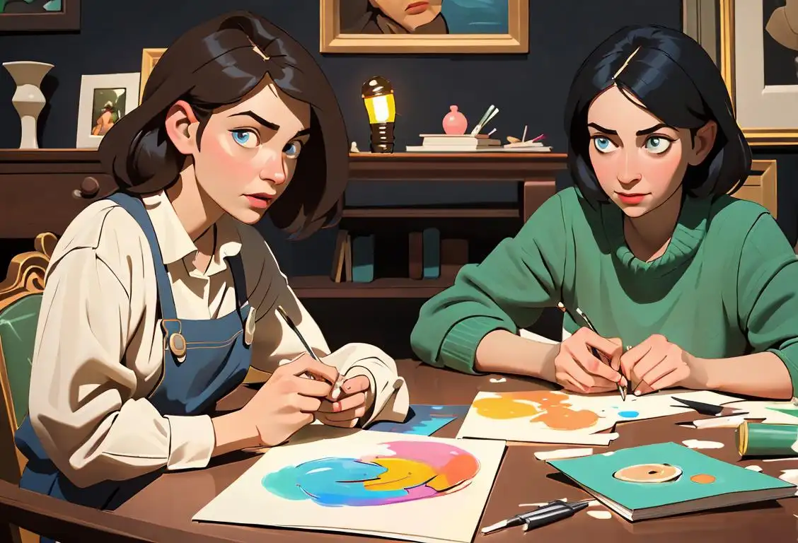 Two people sitting at a table, one holding a lightbulb and the other holding a paintbrush, surrounded by art supplies and books..
