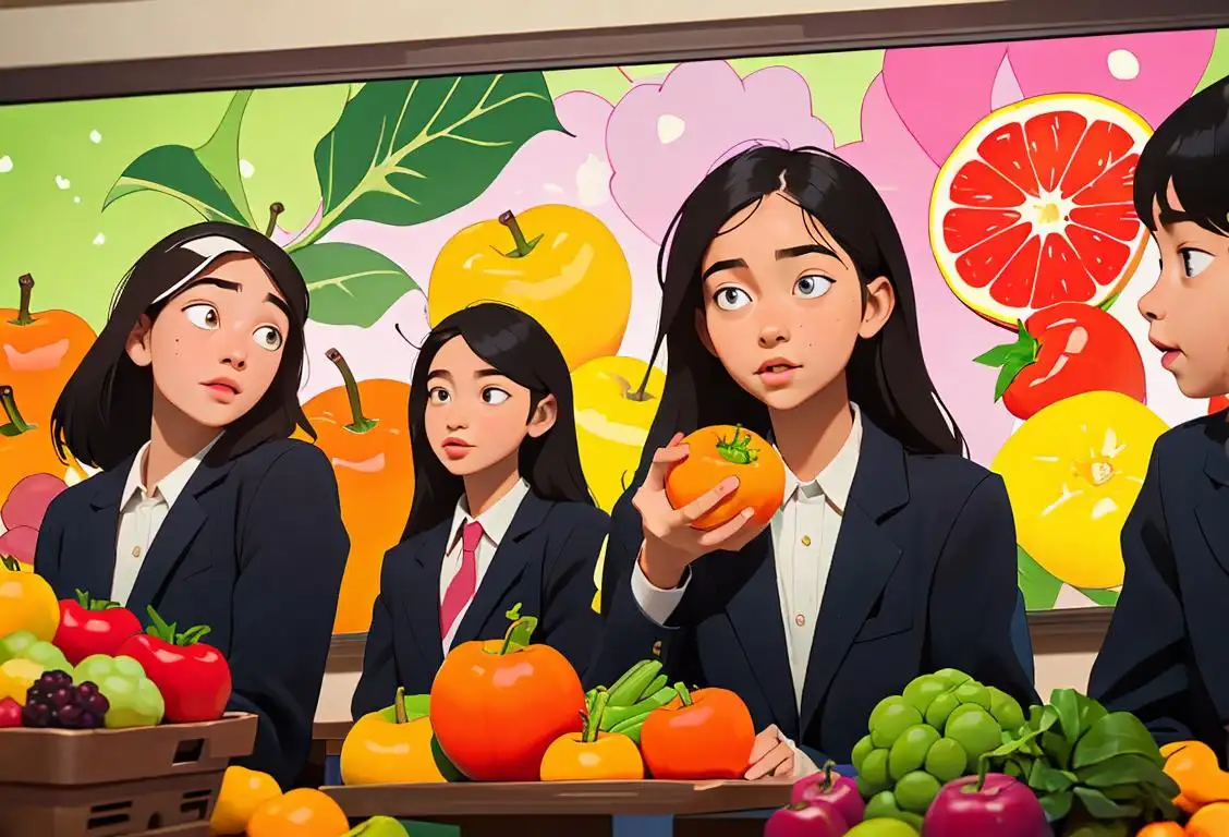 A group of diverse students in school uniforms, holding fruits and vegetables, with a colorful classroom backdrop..
