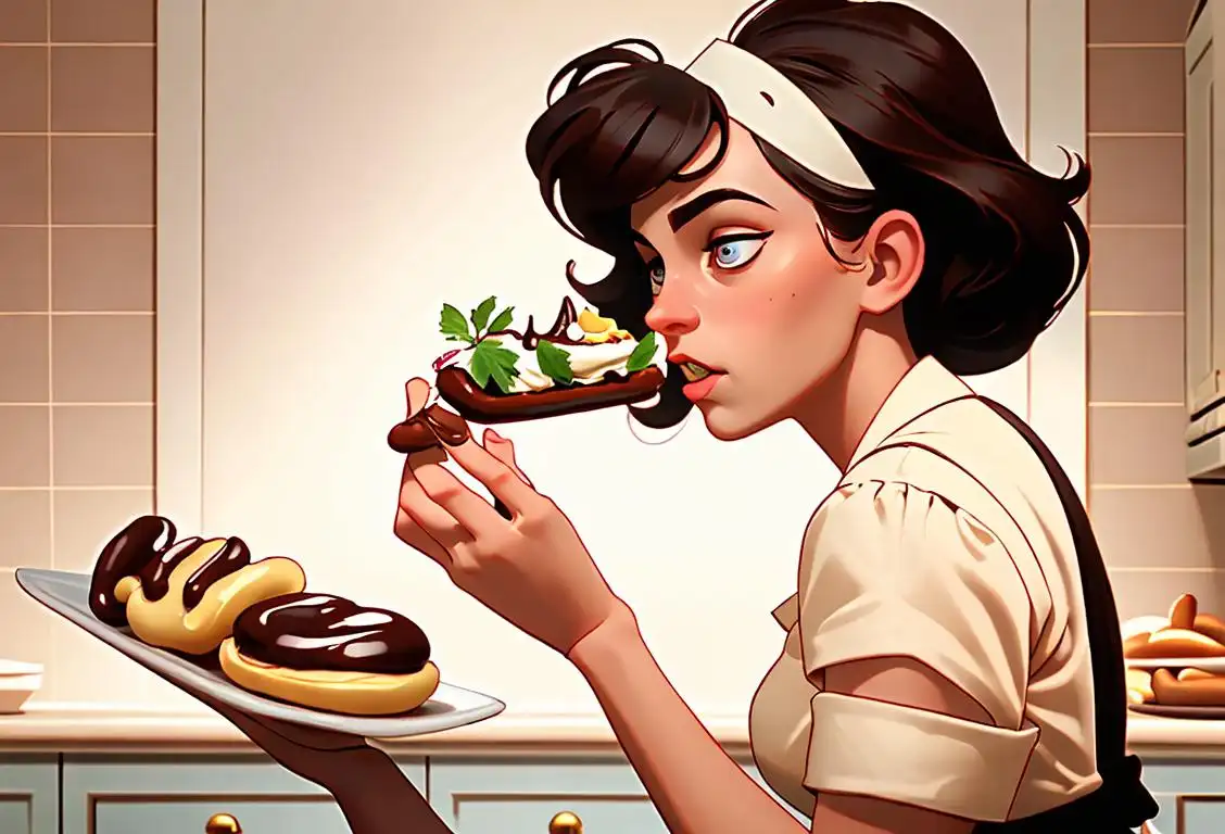 Young woman taking a bite of a chocolate eclair, wearing a chef's hat, vintage white kitchen, retro baking scene..