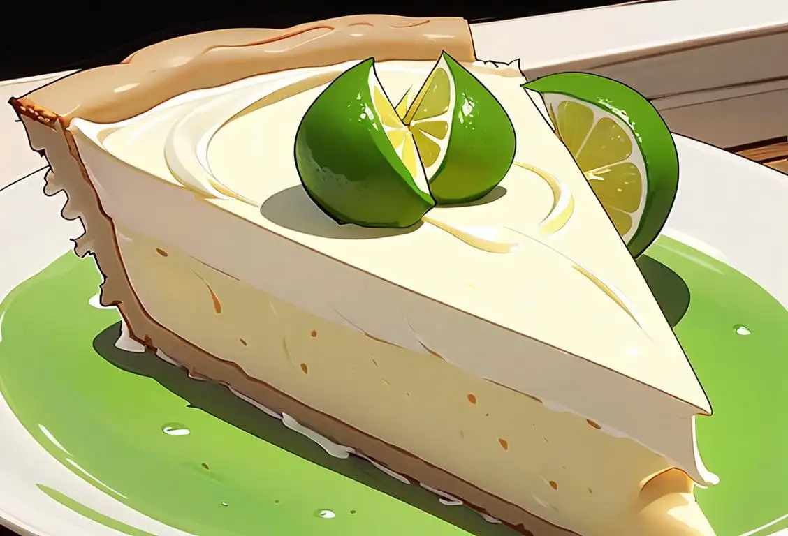 Close-up of a slice of key lime pie, topped with whipped cream, against a backdrop of rustic kitchen decor..