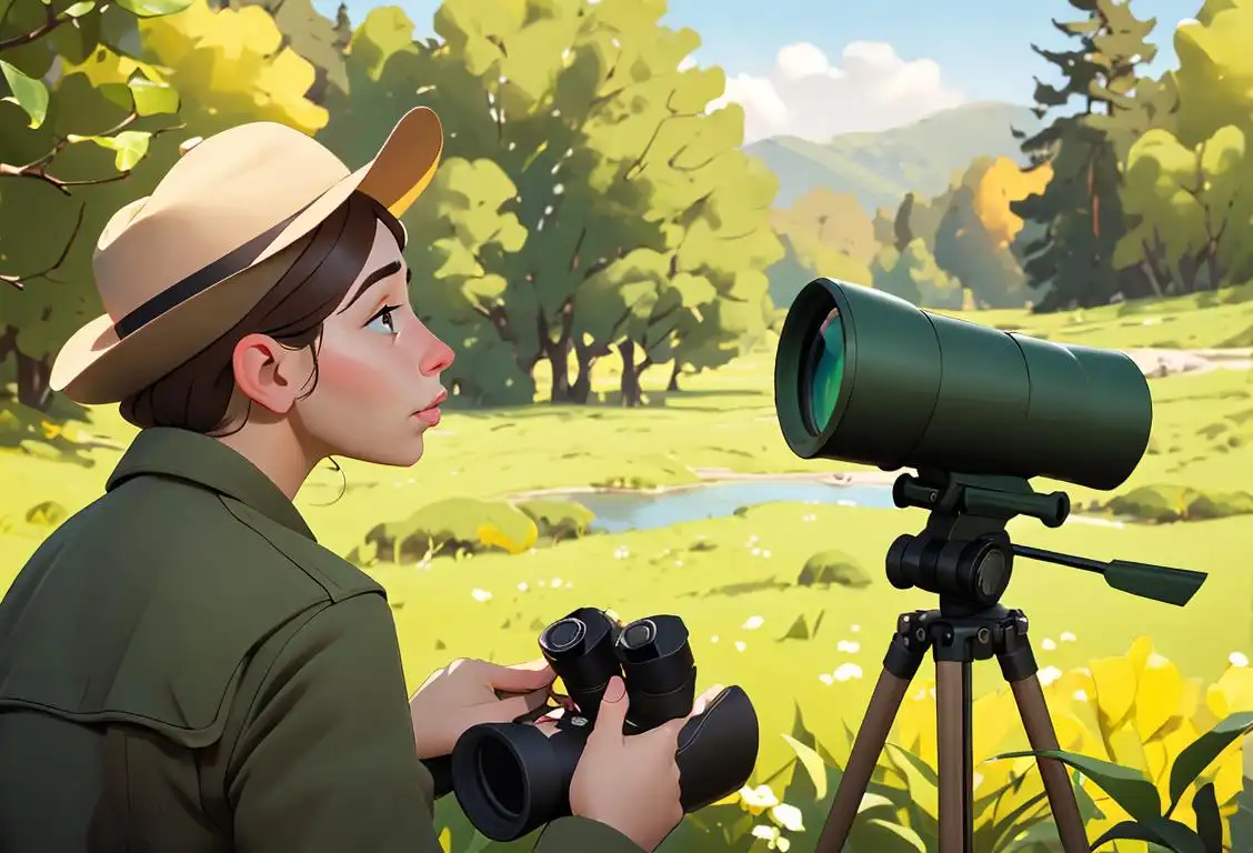 A person with binoculars and a birding hat, surrounded by a lush natural landscape, highlighting the beauty of birdwatching..