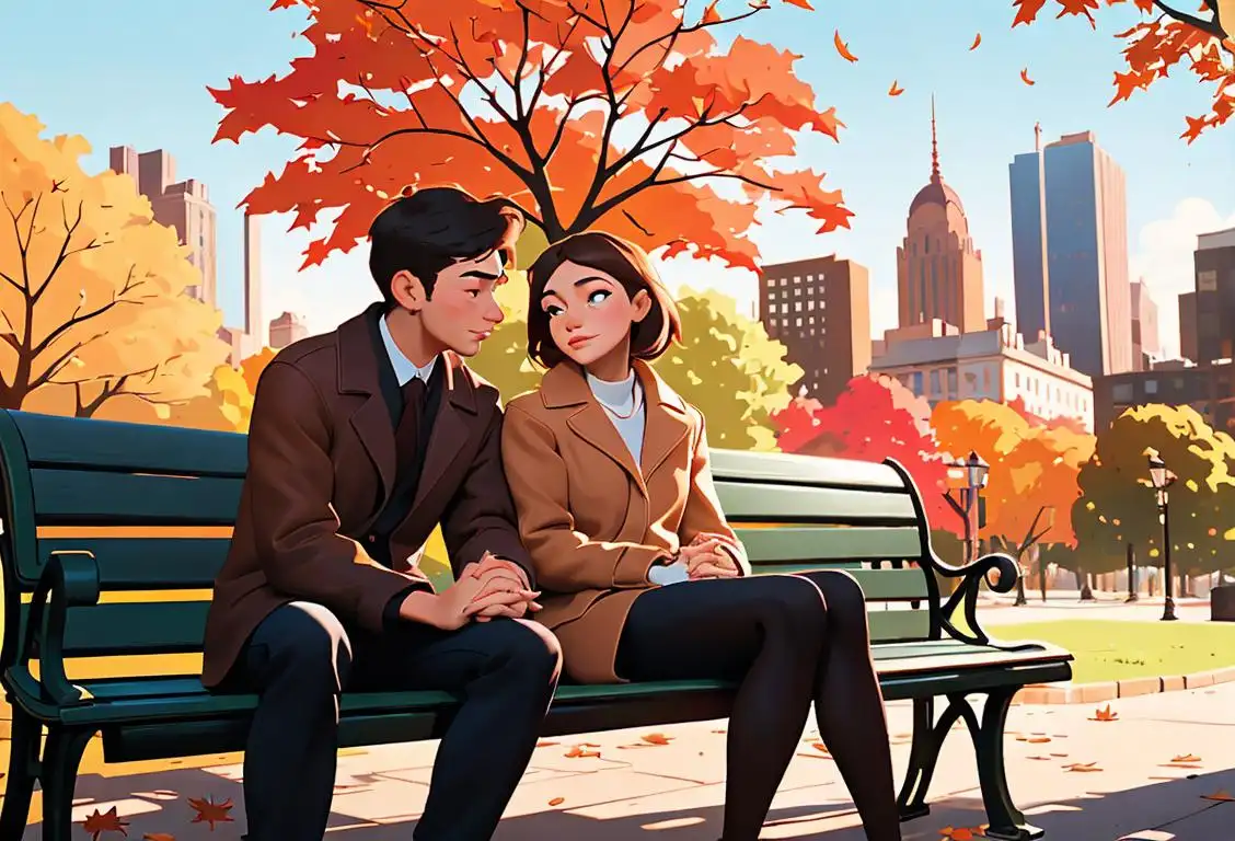 Young couple sitting on a park bench, holding hands, surrounded by autumn leaves, trendy fashion, city skyline in the background..