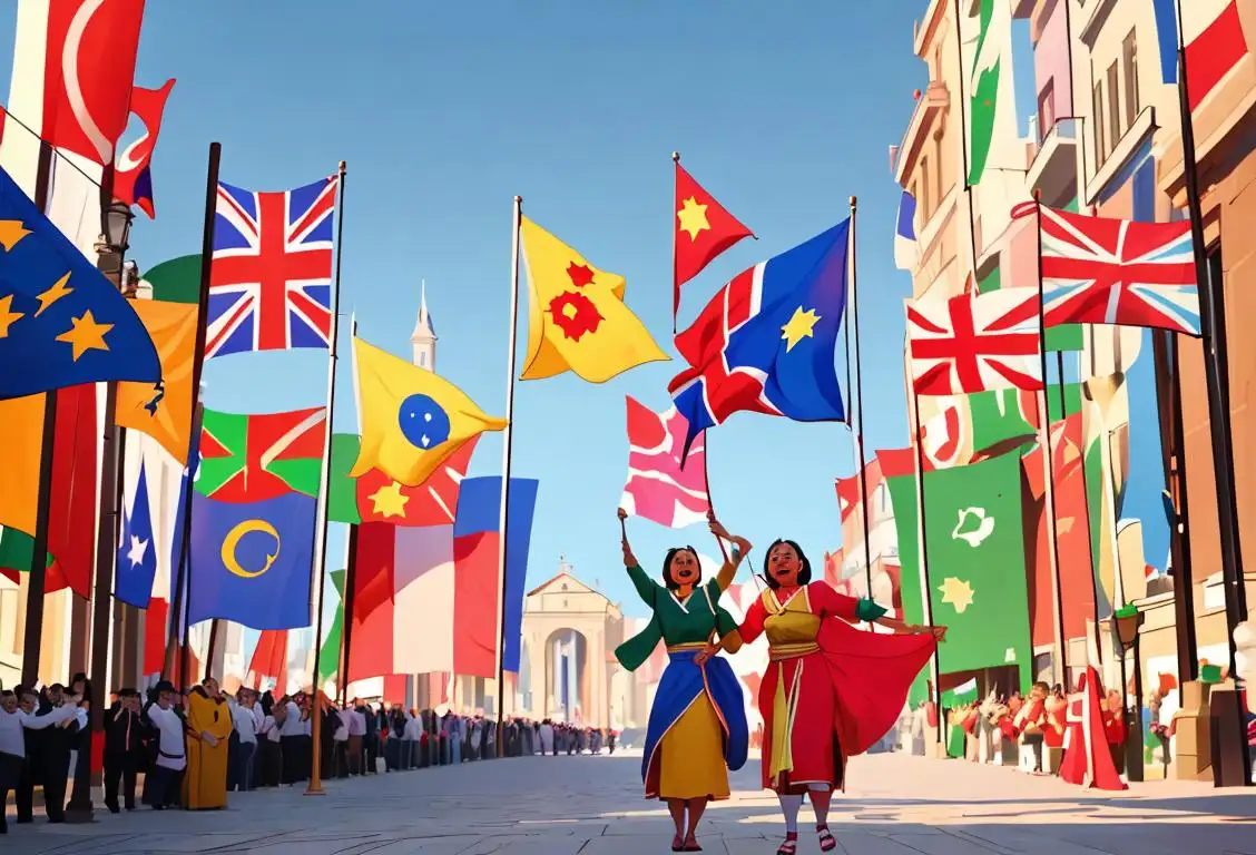 Happy people in diverse cultural clothing holding national flags in a bustling city square, celebrating National Flag Day with joy and unity..