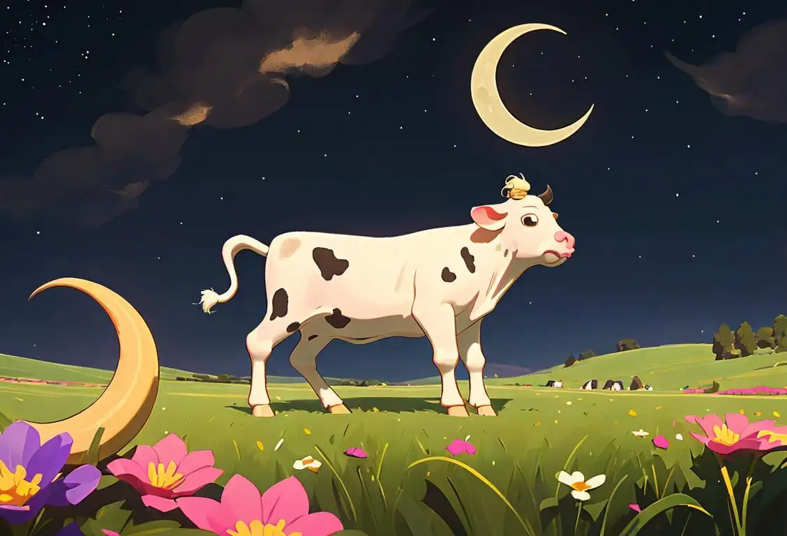 Sweet cow jumping happily over a crescent moon, surrounded by fields of grass and flowers under a starry night sky..