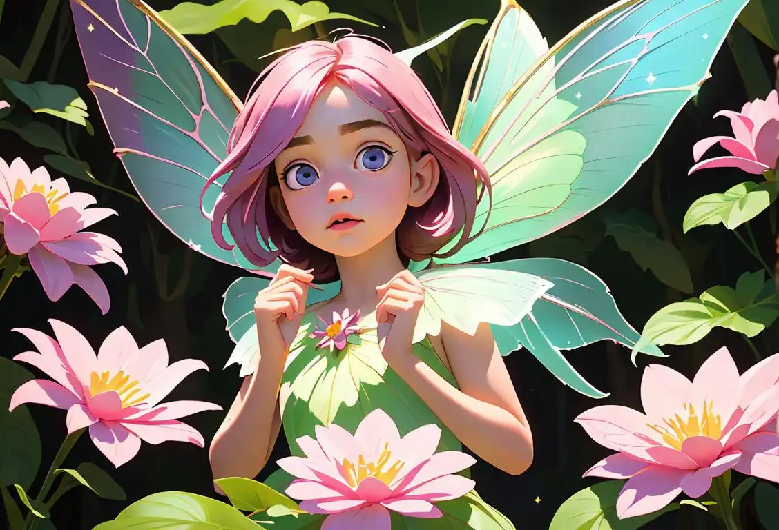 A child dressed as a fairy with fluttering wings, surrounded by enchanted forest and sparkly flowers..