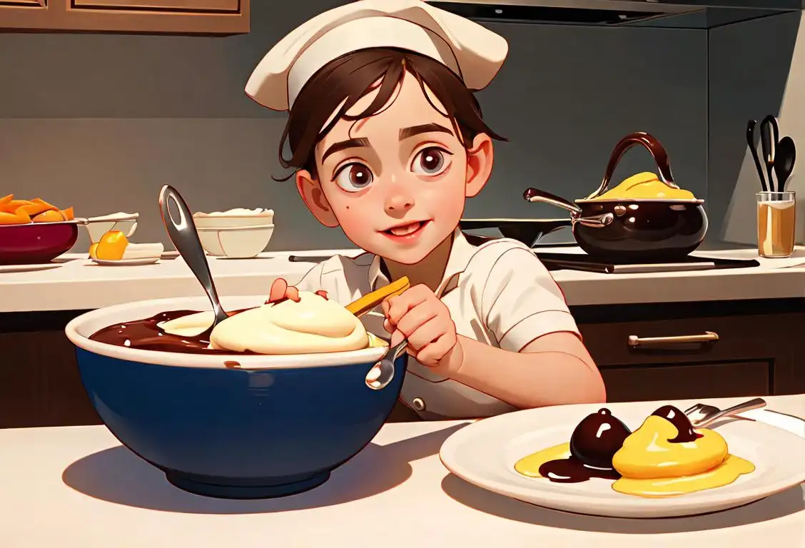 Young child happily enjoying a bowl of pudding, wearing a chef hat, surrounded by colorful kitchen utensils..