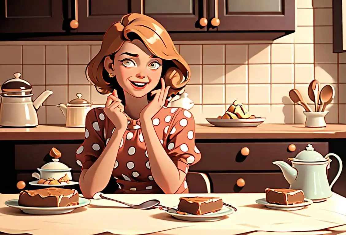 A joyful girl wearing a retro polka dot dress, sitting at a colorful kitchen table covered in peanut butter fudge, surrounded by vintage baking utensils..