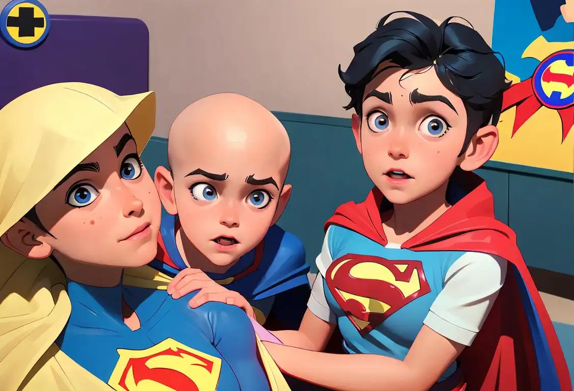 A brave child wearing a superhero cape, surrounded by supportive friends, in a colorful hospital playroom..