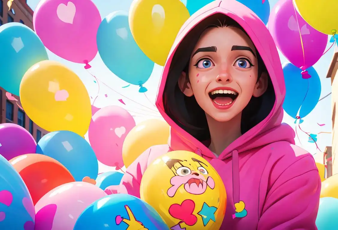 Cheerful person wearing a hoodie, holding a bunch of colorful balloons, joyful street celebration with confetti in the background..