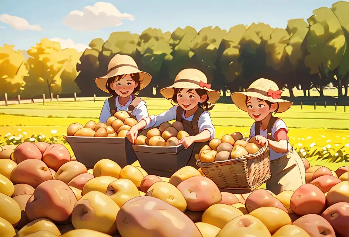 Cheerful children playing in a sunny potato field, holding baskets of various types of freshly harvested potatoes, farm setting..