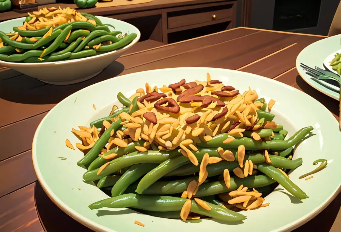 Cheerful person holding a delicious green bean casserole, surrounded by family and fall decorations, cozy living room setting..