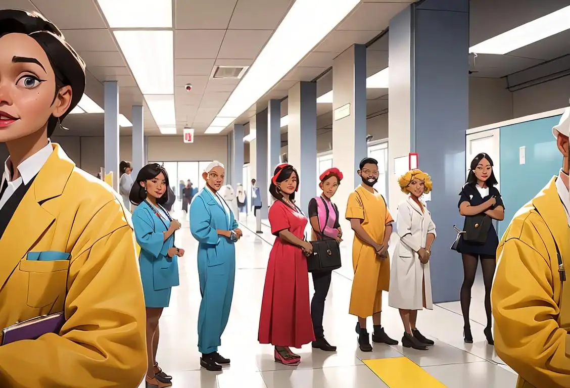 A diverse group of people, wearing various stylish outfits, happily waiting in line at a testing facility, with a cheerful testing staff member in the foreground..
