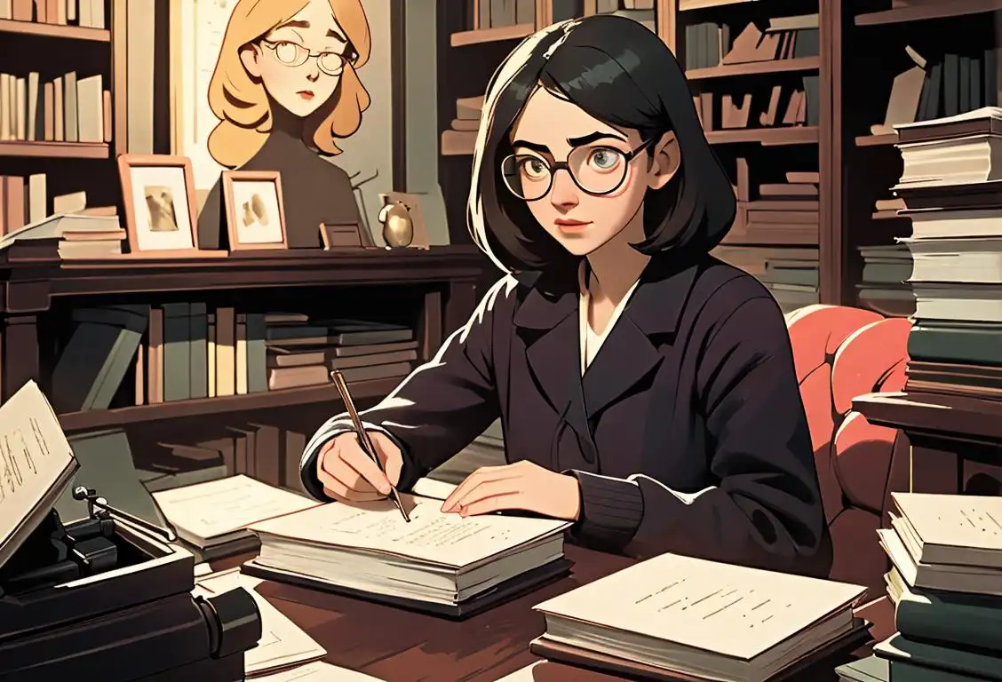 Young woman sitting in a cozy bookshop, reading a book and wearing glasses, surrounded by stacks of books and a vintage typewriter..