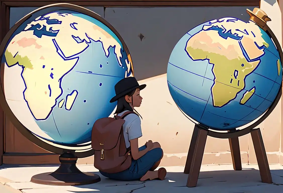 Two students sitting on a wall, one holding a globe, the other looking at a map. They are wearing hats, backpacks, and summer clothes, with a scenic tourist spot in the background..