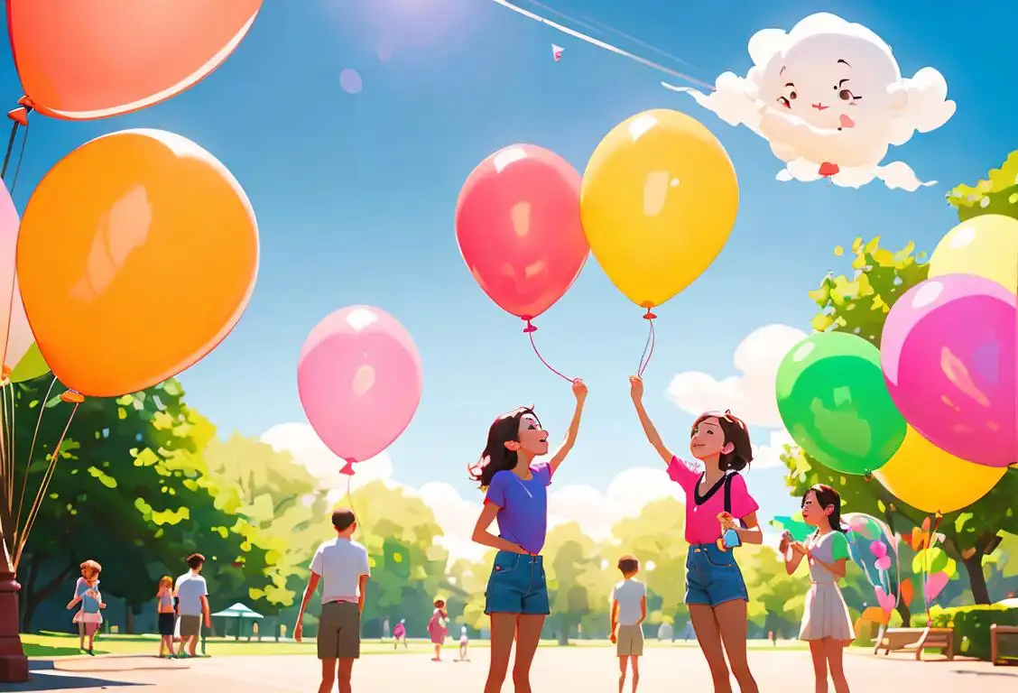 Young people standing in a park, dressed in casual summer outfits, holding balloons, with colorful flags hanging in the background..