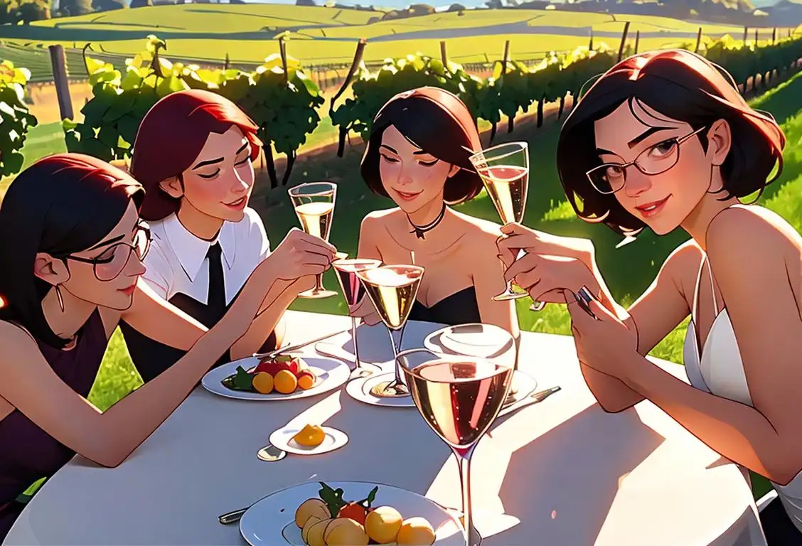 A group of friends toasting with glasses of Moscato wine, dressed in elegant attire, in a beautiful vineyard setting..