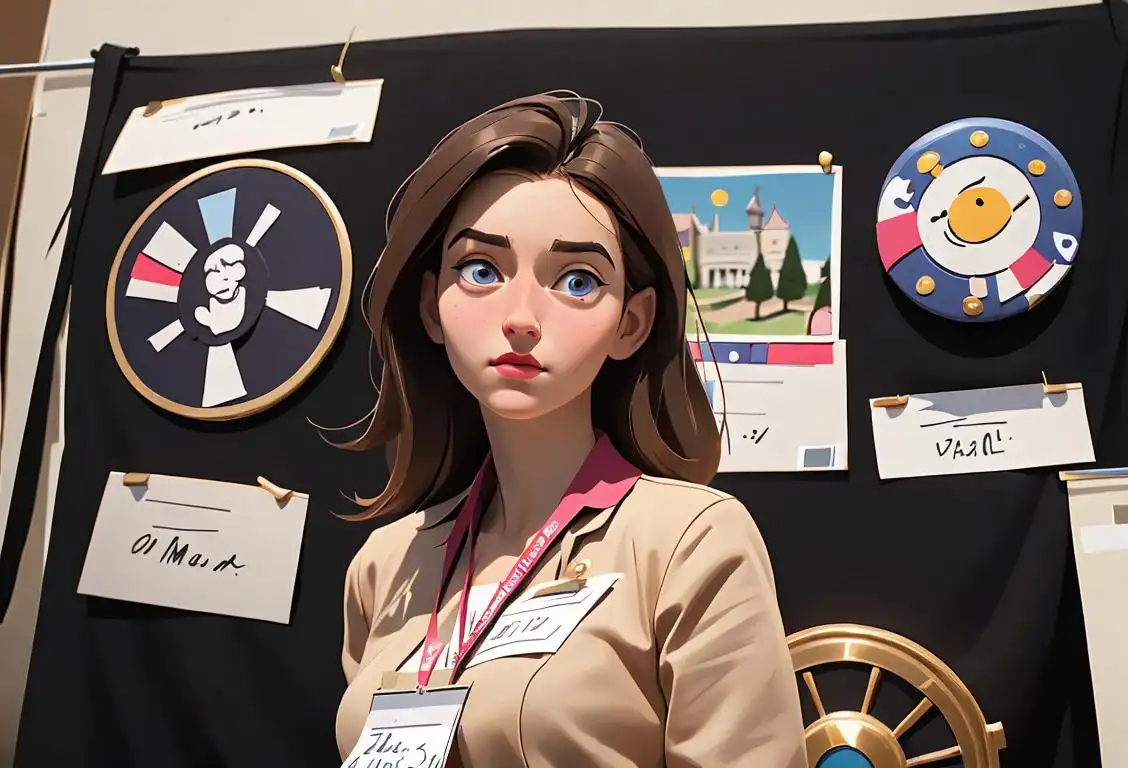 Young woman at a convention, wearing a name tag and a professional attire, surrounded by banners and booths showcasing various interests and hobbies..