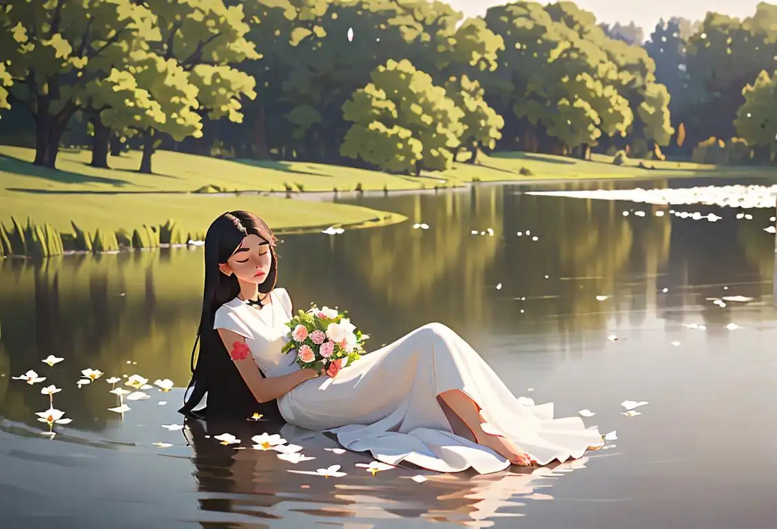 A somber moment: Young girl laying a bouquet of flowers on a peaceful lake, dressed in a modest white dress, serene nature setting..