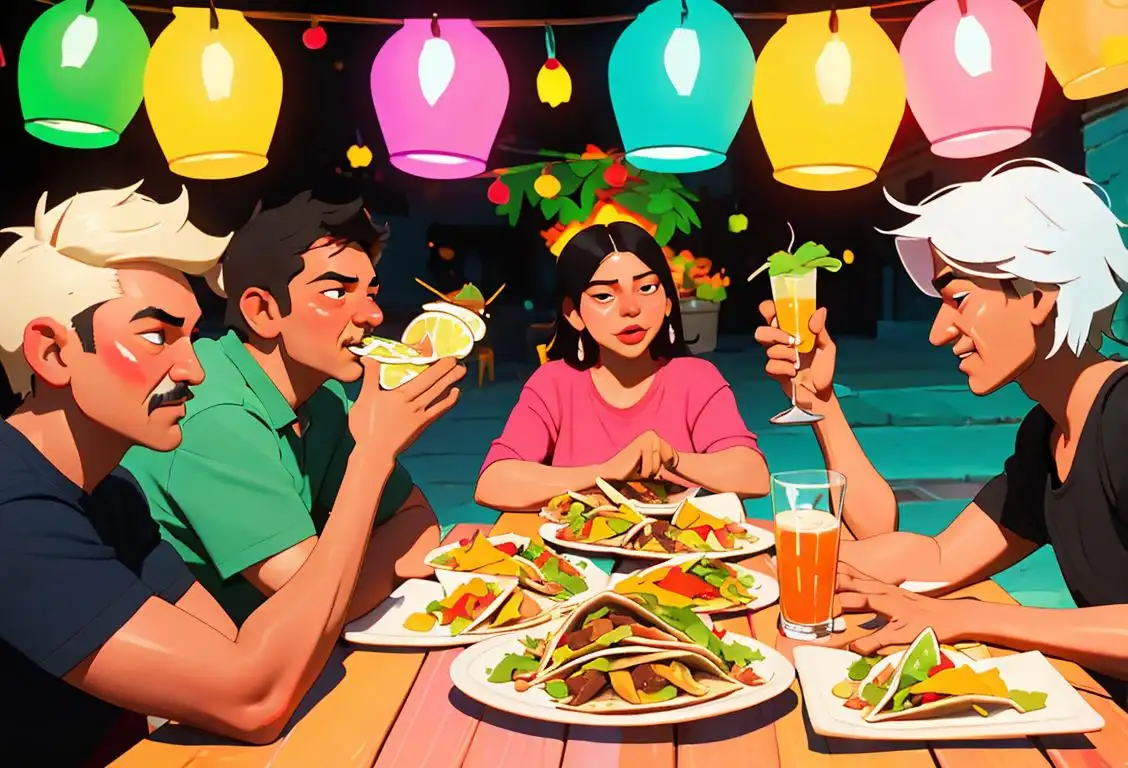 A group of friends enjoying tasty tacos, and toasting with colorful tequila shots in a vibrant Mexican street fiesta atmosphere..