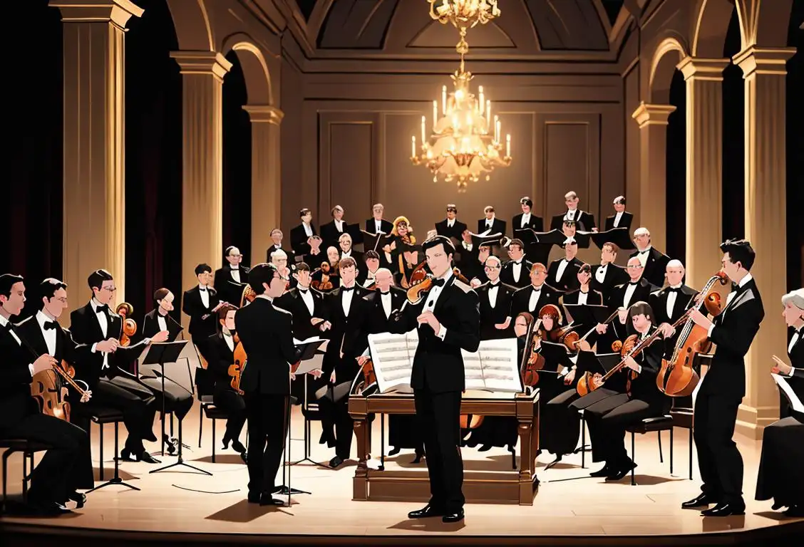 A group of musicians dressed in black tie attire, performing classical music in an ornate concert hall..