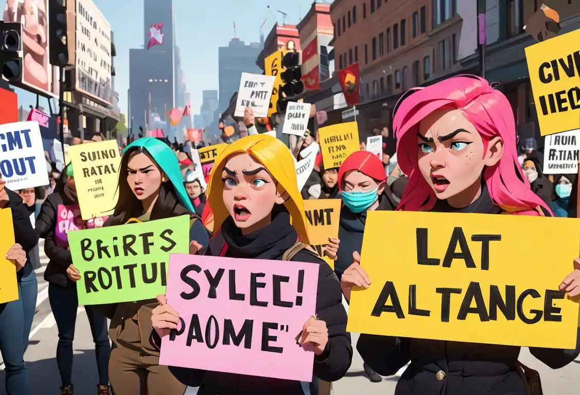 Group of diverse people holding colorful signs in a city, wearing various styles of clothing, expressing their unique protest against protesting..