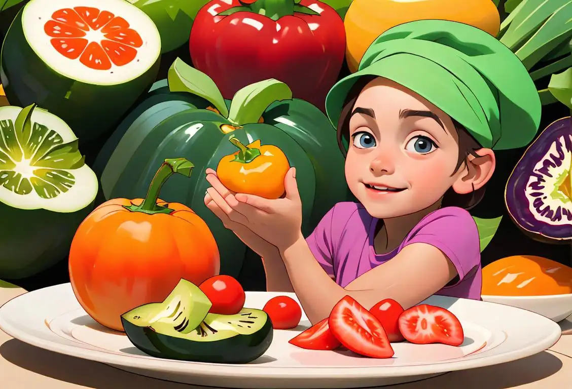 Delighted child holding a plate of colorful vegetable dishes, wearing a chef hat, surrounded by vibrant fruits and vegetables..