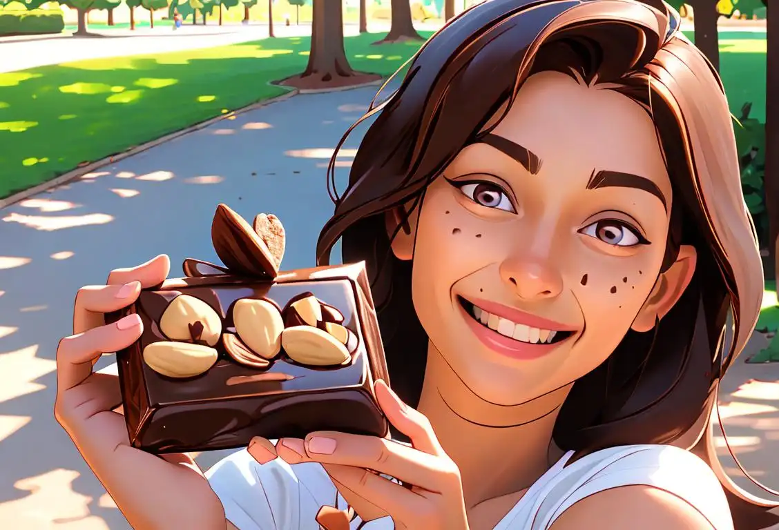 A joyful person with a big smile, holding a delectable bittersweet chocolate bar with almonds, enjoying a sunny park setting..