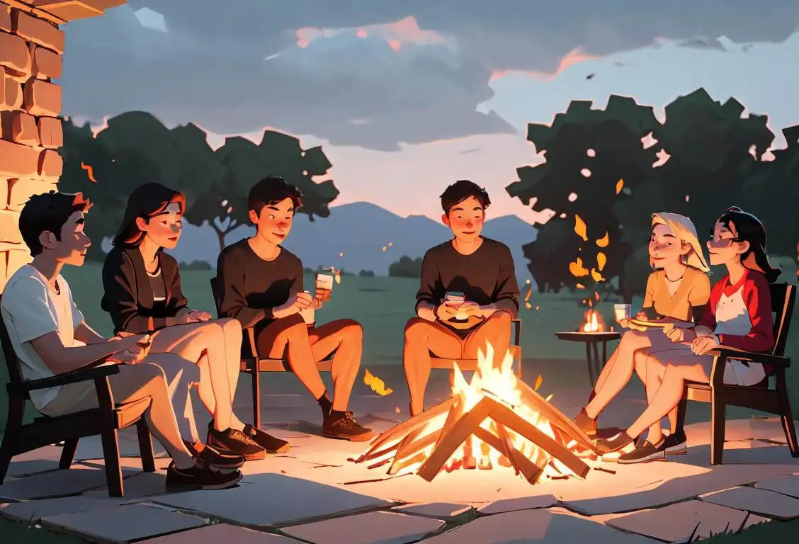 Group of friends sitting around a bonfire, wearing casual outfits, enjoying a peaceful evening outdoors..