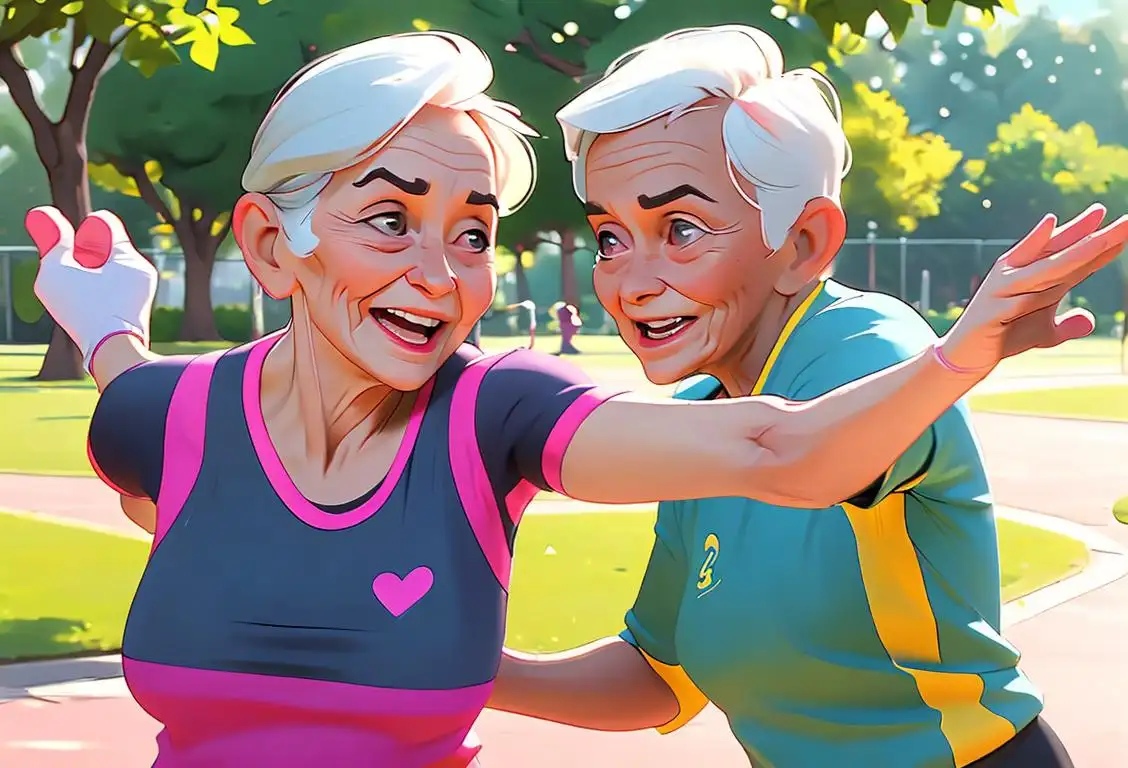 Elderly couple in workout gear, doing aerobics in a park, cheerful and energetic atmosphere, surrounded by other seniors joining in the fun..