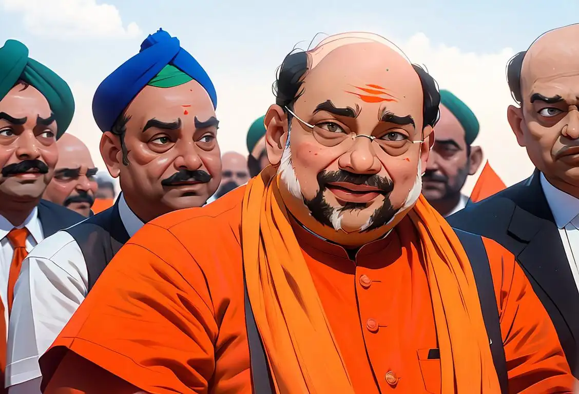 Amit Shah with a warm smile, wearing a traditional attire, surrounded by supporters at Sardar Patel Airport..