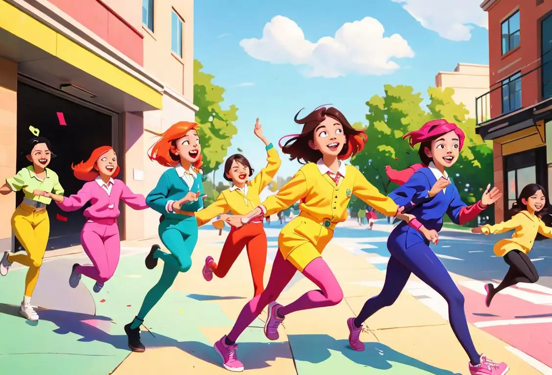 A group of diverse students joyfully skipping school, wearing colorful outfits, in a vibrant urban setting..