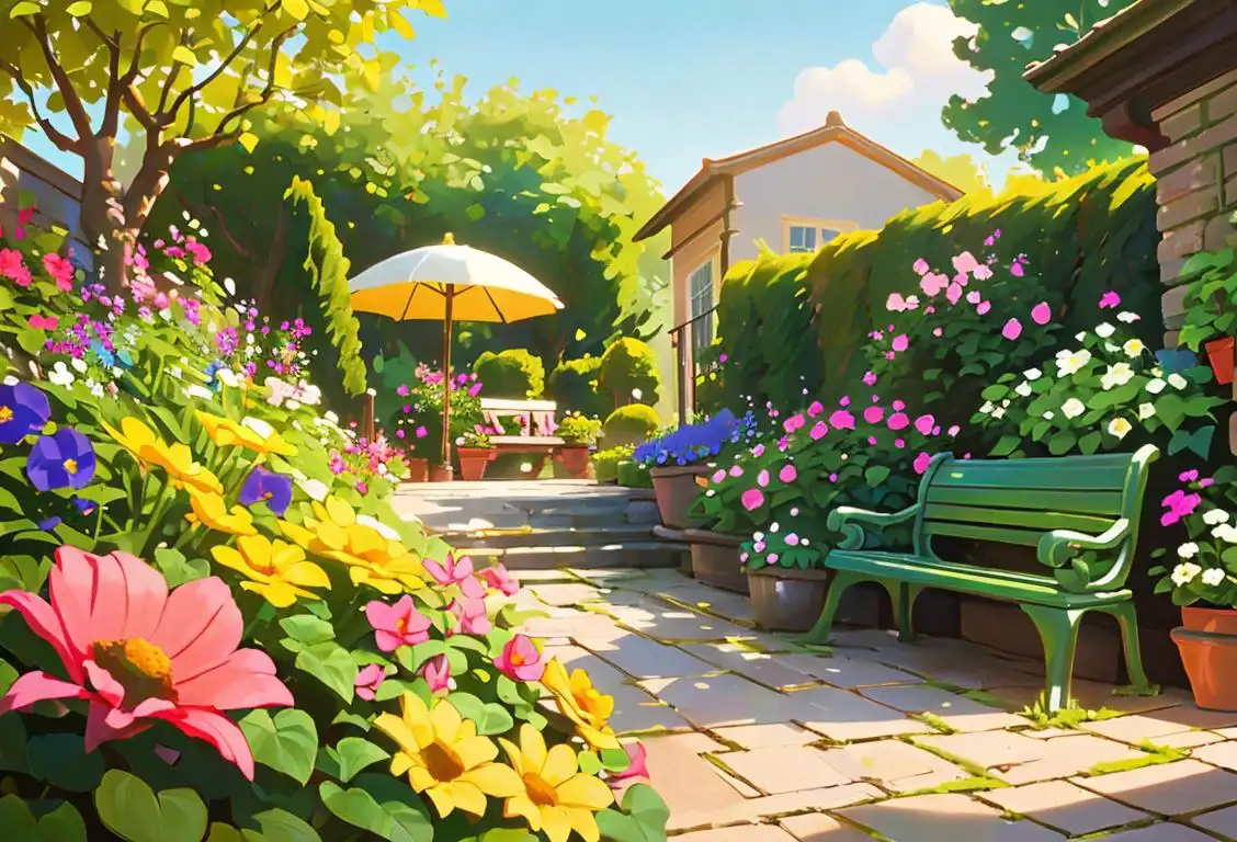 Vibrant garden pathway leading to a cozy bench, with blooming flowers, a watering can, and a sun hat nearby..