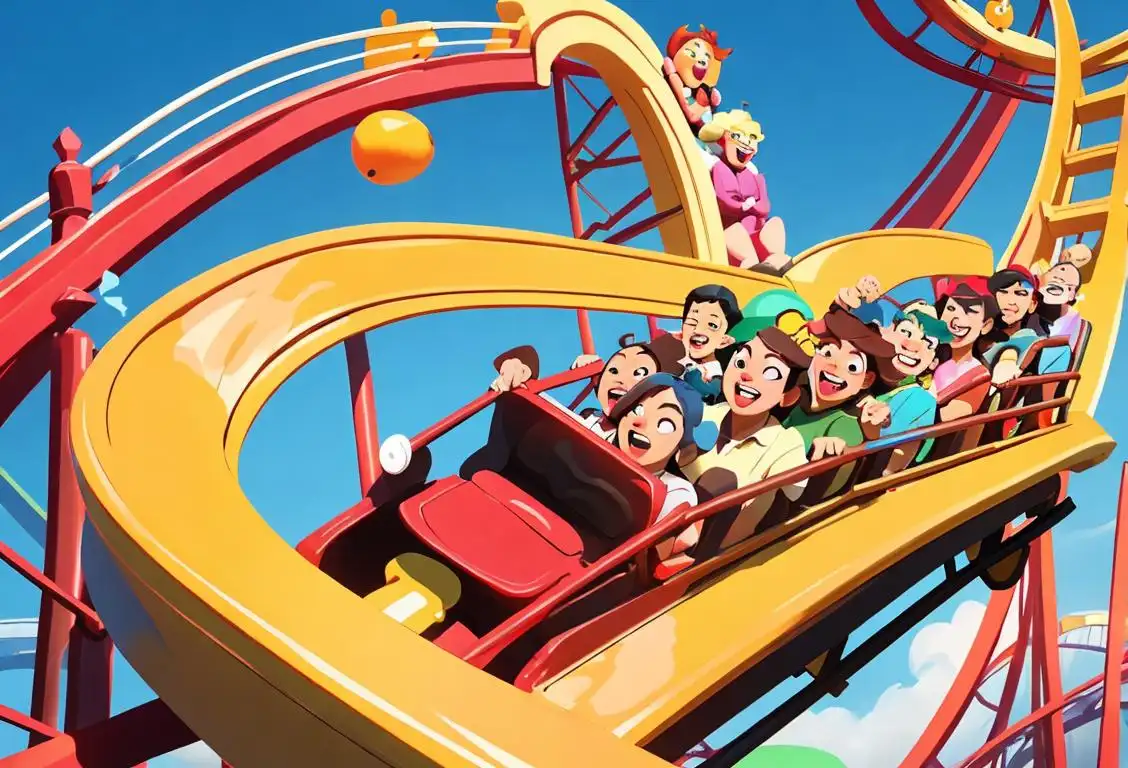 Thrilling roller coaster ride with a diverse group of people, wearing colorful clothes, background of a bustling amusement park..