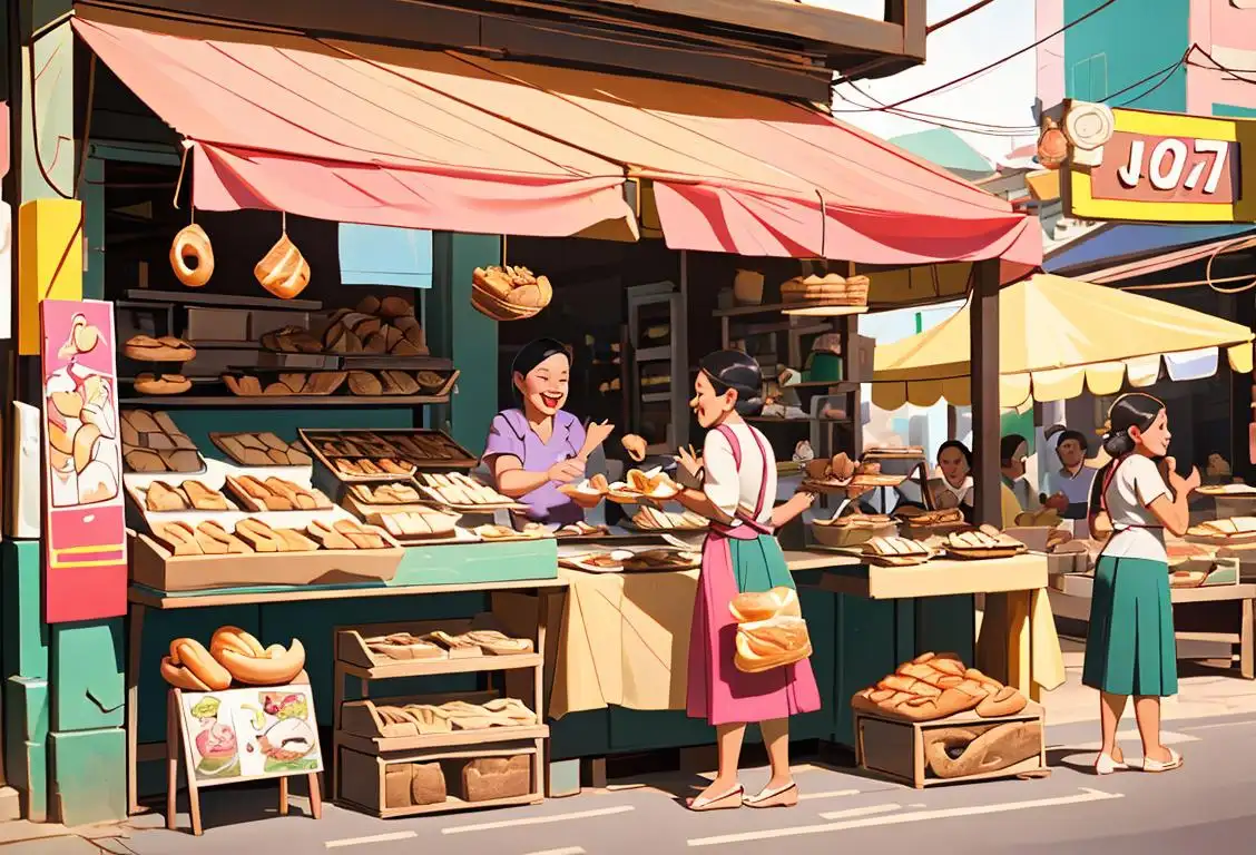 Happy people enjoying hopia pastries in a vibrant Filipino marketplace, showcasing traditional clothing, bustling street scene, and mouthwatering hopia flavors..